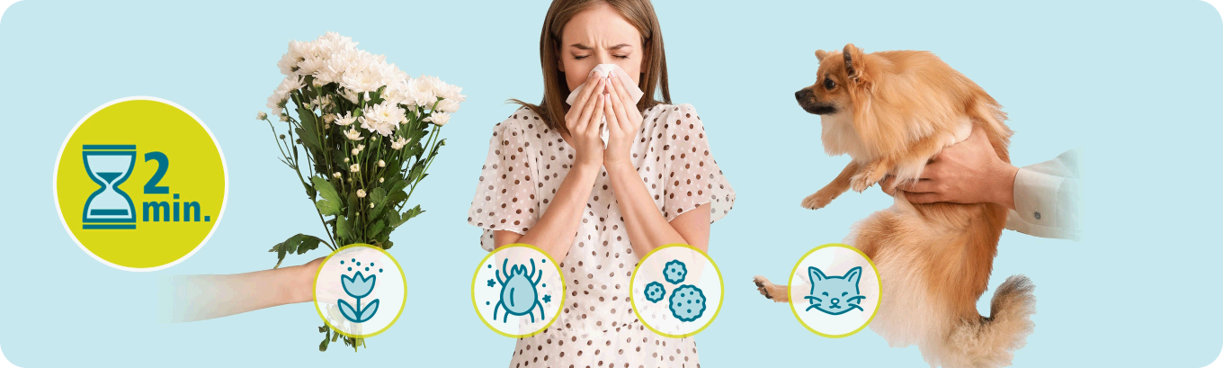 Frau umgeben von Allergieauslösern wie Pollen und Tierhaaren