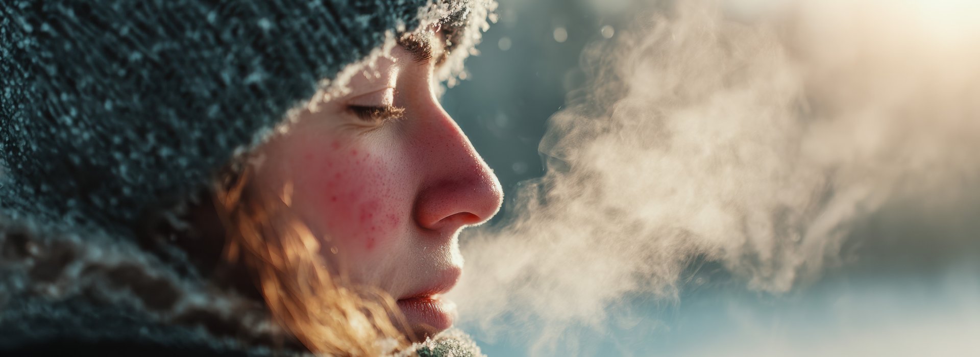 Person atmet sichtbar in kalter Winterluft
