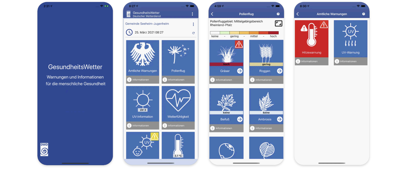 Screenshots der Gesundheitswetter-App des DWD