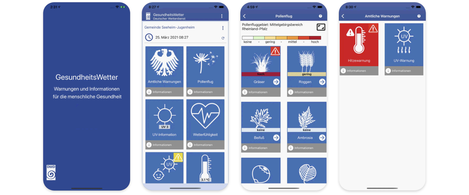Screenshots der Gesundheitswetter-App des DWD