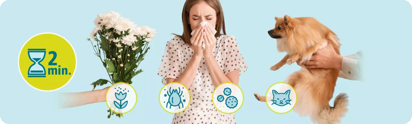 Frau umgeben von Allergieauslösern wie Pollen und Tierhaaren