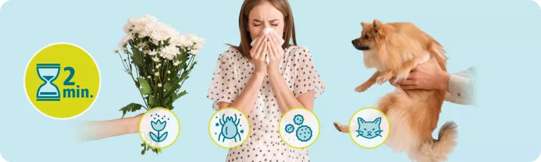 Frau umgeben von Allergieauslösern wie Pollen und Tierhaaren